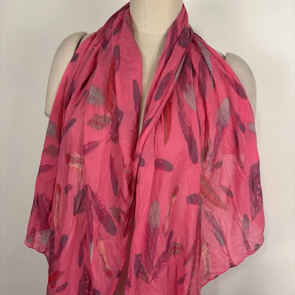 Moda Accessori Italy Pink Feather Print Scarf Cotton Silk Blend Lightweight